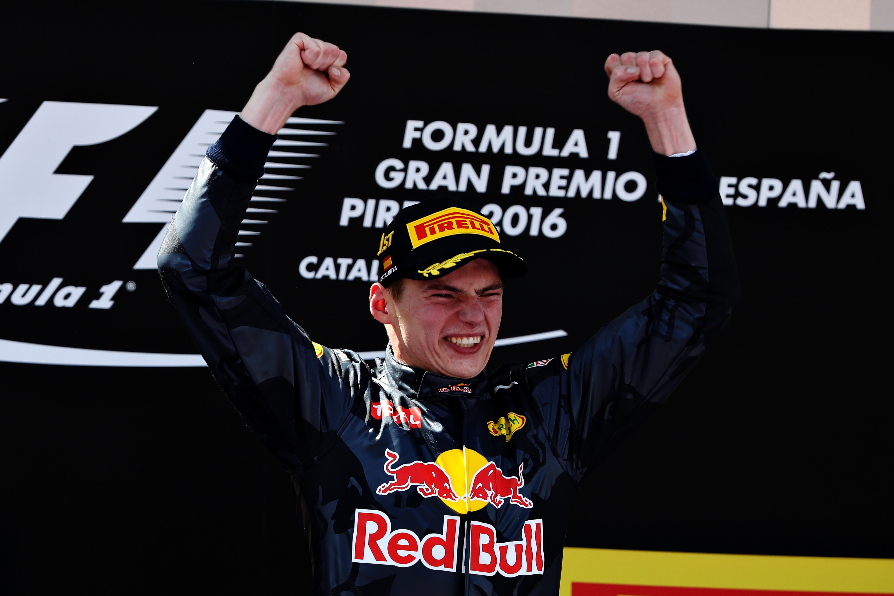 MONTMELO, SPAIN - MAY 15: Max Verstappen of Netherlands and Red Bull Racing celebrates his win on the podium during the Spanish Formula One Grand Prix at Circuit de Catalunya on May 15, 2016 in Montmelo, Spain. (Photo by Mark Thompson/Getty Images)